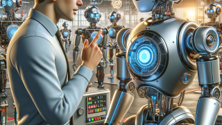 A futoristic AI robot agent talking to human who is seen guiding the robot to do a certain task. The robot is metallic with walle- style. In the background there are other robots of different types doing their work