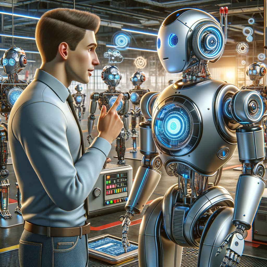 A futoristic AI robot agent talking to human who is seen guiding the robot to do a certain task. The robot is metallic with walle- style. In the background there are other robots of different types doing their work